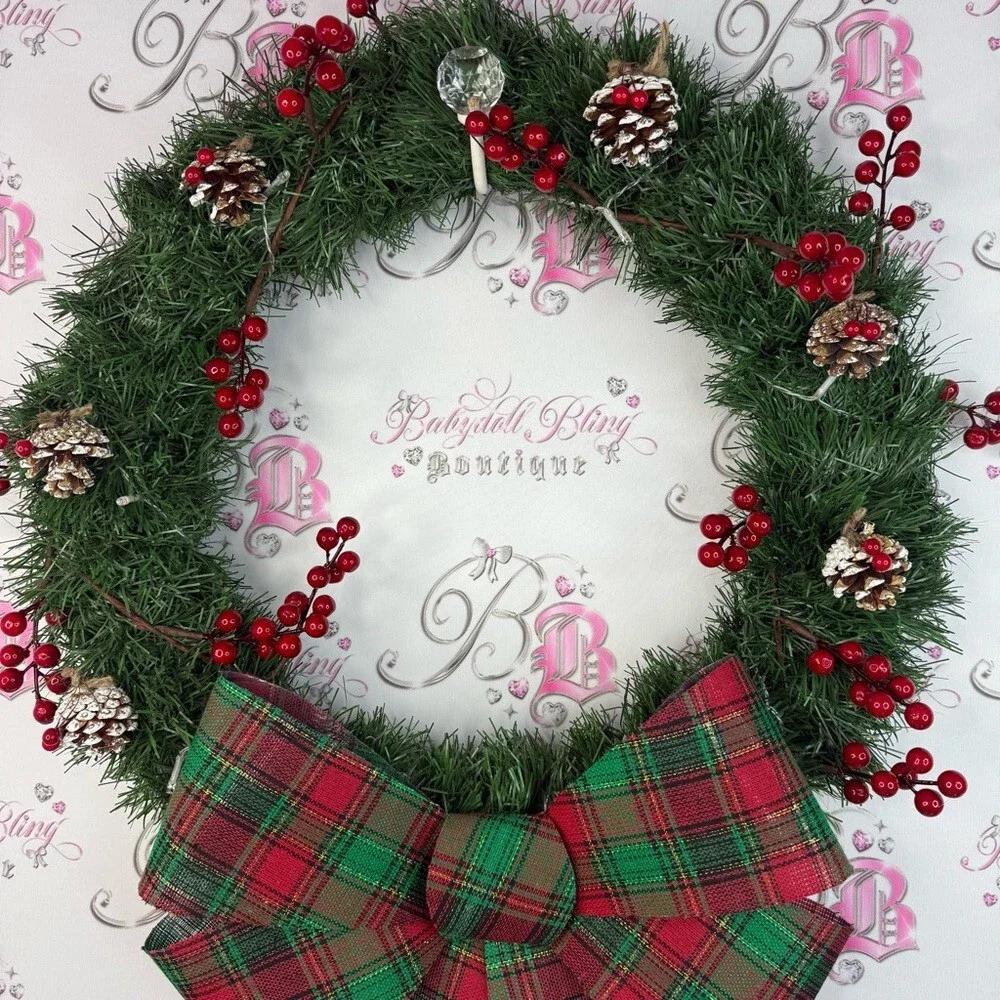 Wreath light up Festive Holiday Wreath acorns Red and Green Plaid Bow lights